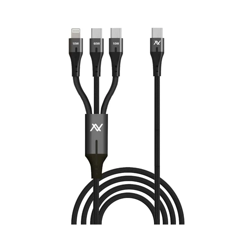 L'AVVENTO MP363 3-in-1 Fast Charging Cable — USB-C to Dual USB-C & Lightning, 100W, 3M, Black