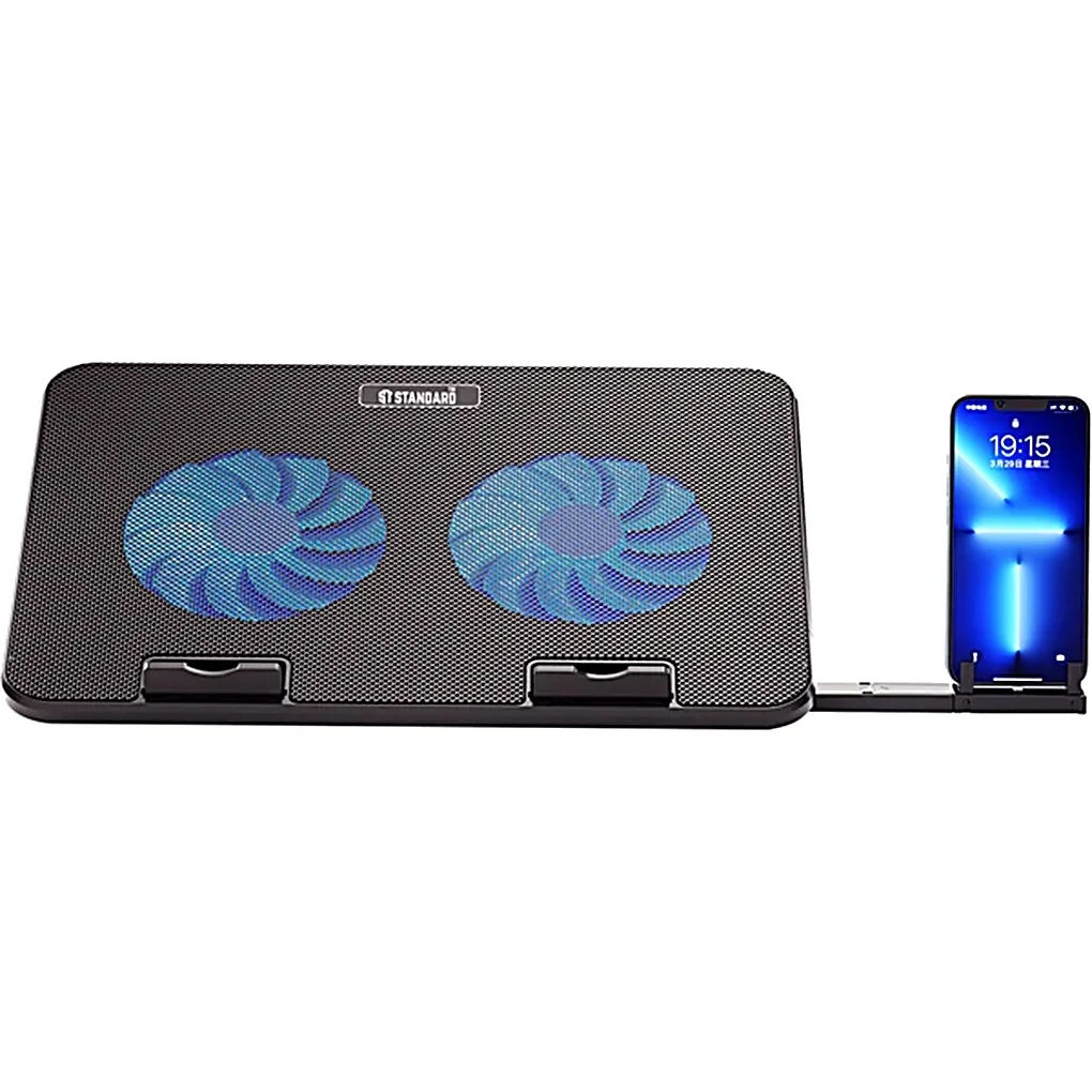 ST- STANDARD ICE‑02 Laptop Cooler Pad – Silent Dual Fans, Adjustable Height, LED Lights, USB Ports, Phone Holder for Laptops up to 15.6